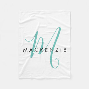 Elegant Modern White Teal Script Monogram Fleece Blanket