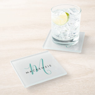 Elegant Modern White Teal Script Monogram Glass Coaster