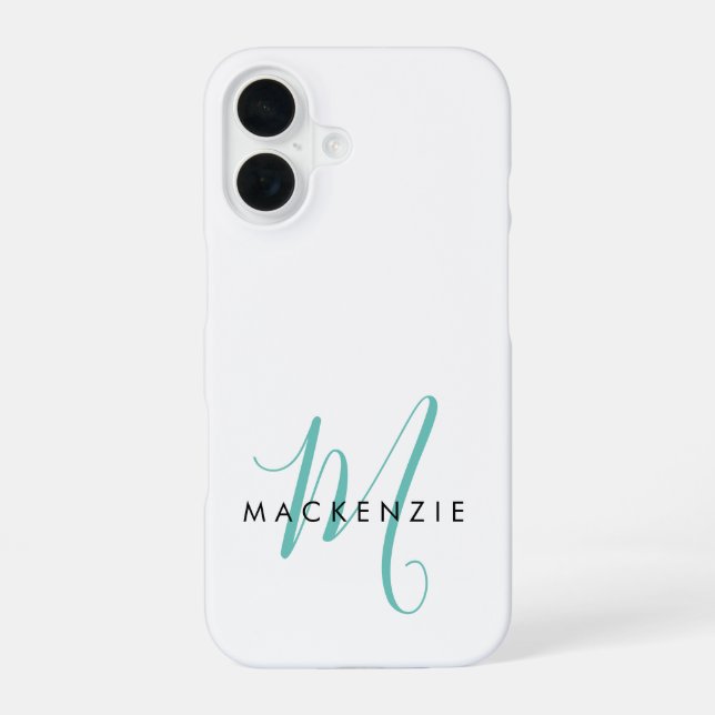 Elegant Modern White Teal Script Monogram iPhone 16 Case (Back)