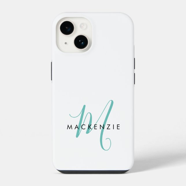 Elegant Modern White Teal Script Monogram iPhone Case (Back)