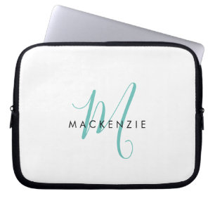 Elegant Modern White Teal Script Monogram Laptop Sleeve