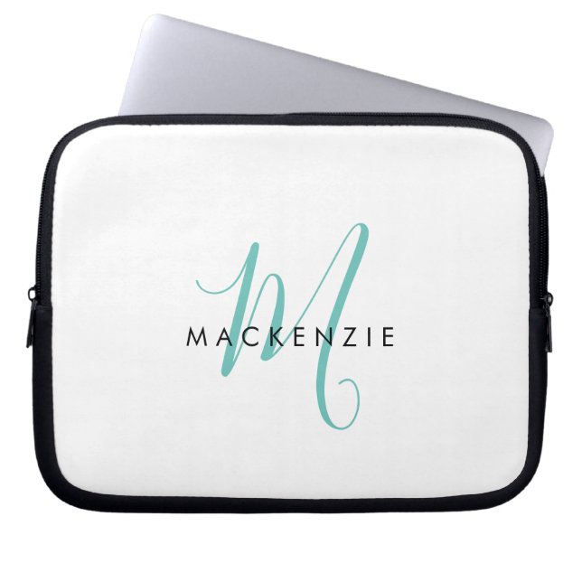 Elegant Modern White Teal Script Monogram Laptop Sleeve (Front)