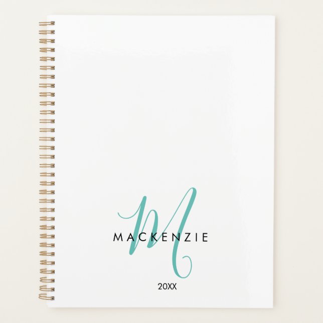 Elegant Modern White Teal Script Monogram Planner (Front)