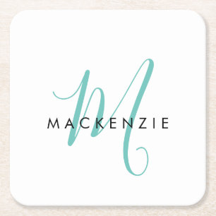 Elegant Modern White Teal Script Monogram Square Paper Coaster