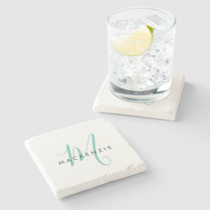 Elegant Modern White Teal Script Monogram Stone Coaster