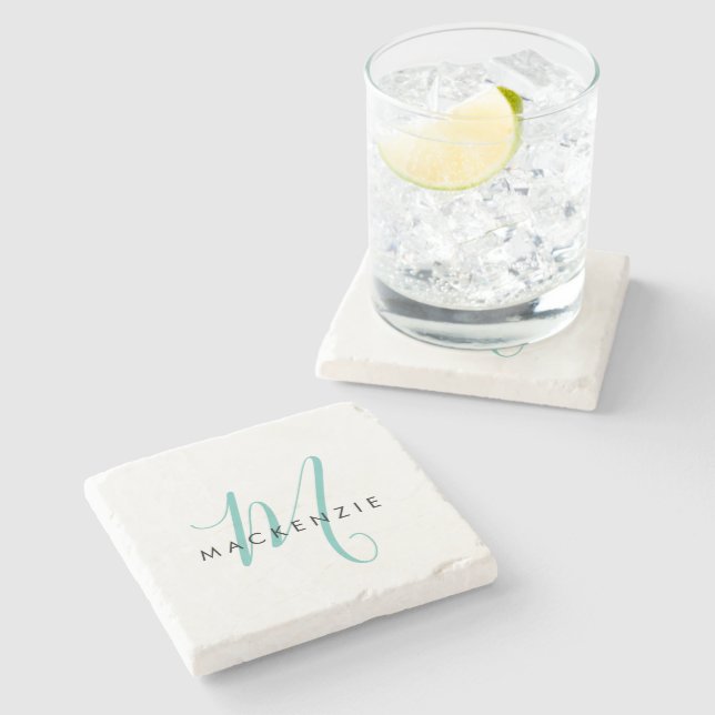 Elegant Modern White Teal Script Monogram Stone Coaster (Side)