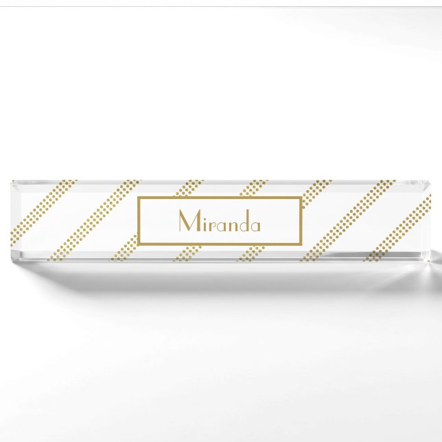 Elegant Modern White with Dotted Gold Lines Nameplate (Front)