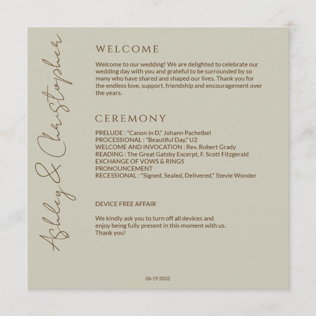 Elegant Modern Wildflower Taupe Wedding Program (Front)