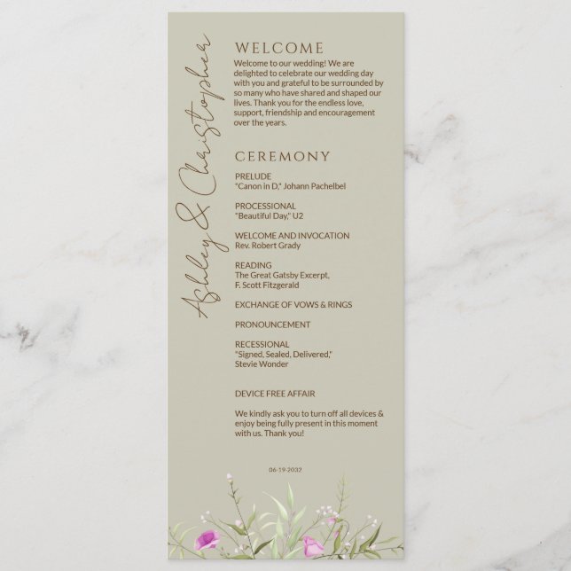 Elegant Modern Wildflower Taupe Wedding Program (Front)