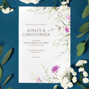 Elegant Modern Wildflower White & Bronze Wedding Invitation