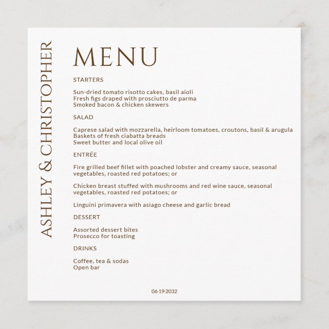 Elegant Modern Wildflower White & Bronze Wedding Menu (Front)