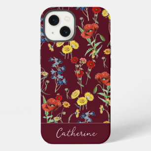 Elegant Modern Wildflowers Name Burgundy iPhone 13 Case