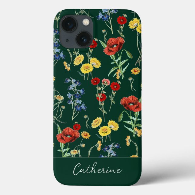 Elegant Modern Wildflowers Name Emerald Green Case-Mate iPhone Case (Back)