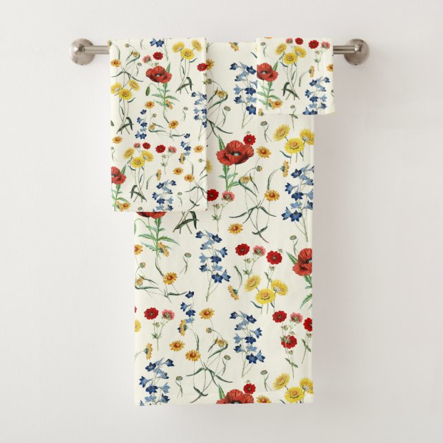 Elegant Modern Wildflowers on White Bath Towel Set (Insitu)