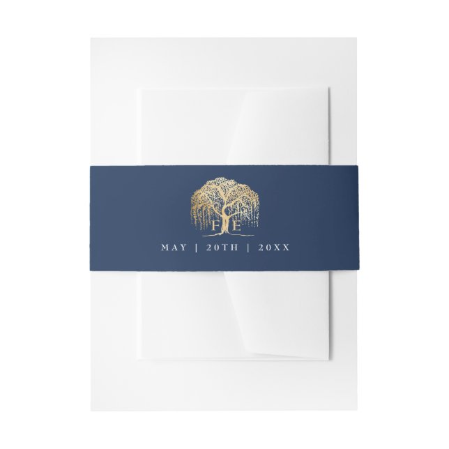 Elegant Modern Willow Tree Navy Blue Gold Wedding Invitation Belly Band (Front Example)