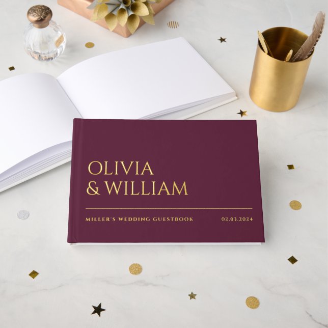 Elegant Modern Wine Berry Typography Wedding Foil  Guest Book (Front Open)