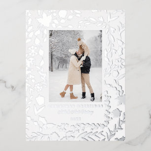 Elegant Modern Winter Botanical Photo-Silver Foil Holiday Postcard