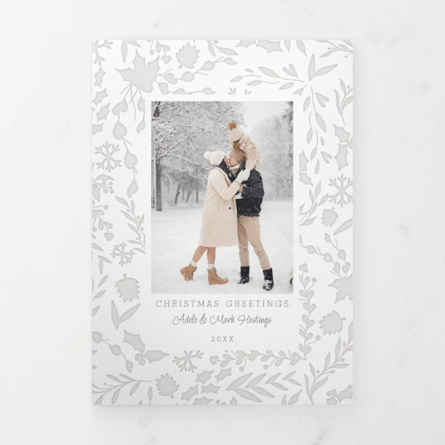 Elegant Modern Winter Botanical Photo-Silver Tri-Fold Card (Cover)