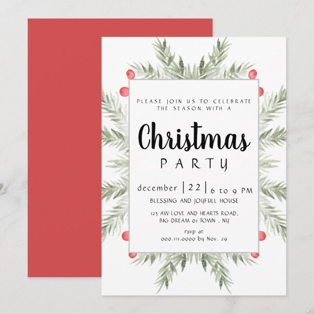 Elegant Modern Winter Greenery Christmas Party Invitation (Front/Back)
