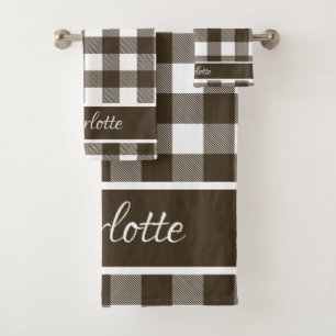 Elegant Modern Wood Brown White Buffalo Checks Bath Towel Set