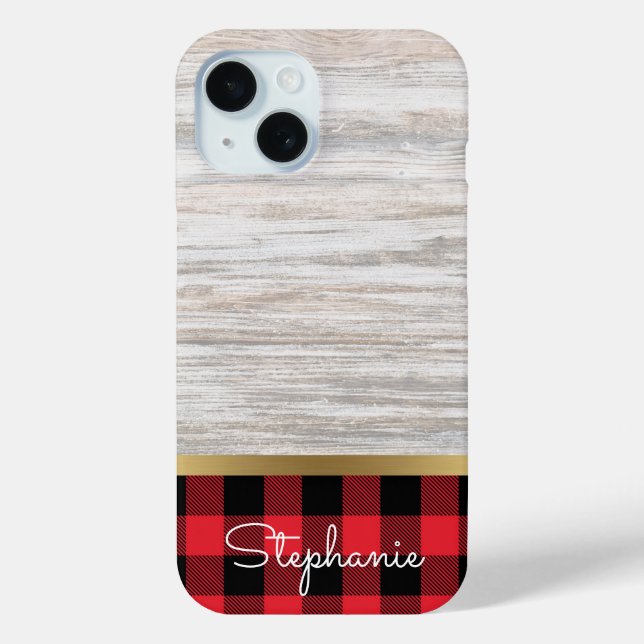 Elegant Modern Wood Gold Buffalo Plaid Name Case-Mate iPhone Case (Back)