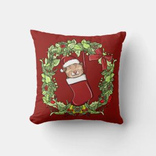Elegant Modern Wreath Christmas Kitten in Stocking Throw Pillow