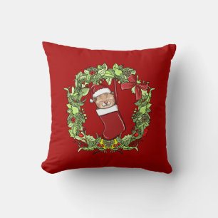 Elegant Modern Wreath Christmas Kitten in Stocking Throw Pillow