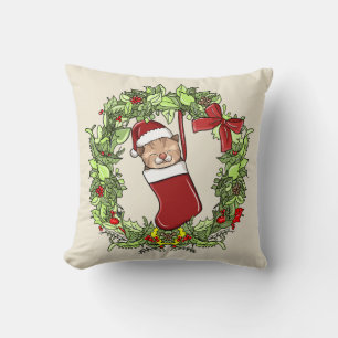 Elegant Modern Wreath Christmas Kitten in Stocking Throw Pillow