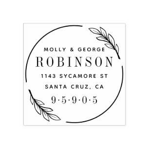 Elegant Modern Wreath Just Married Return Address Rubber Stamp
