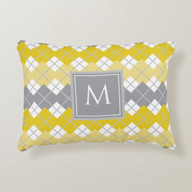 Elegant Modern Yellow and Grey Argyle Pattern   Accent Pillow (Front)