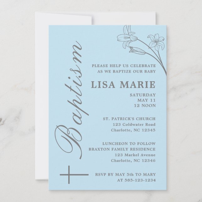 Élégant moderne Baby Blue Baptism Invitation (Devant)