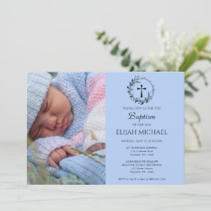 Elégant moderne bleu photo Baptême Invitation
