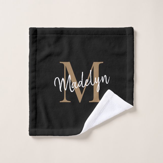Élégant moderne chic noir Monogramme or (Gant de toilette)
