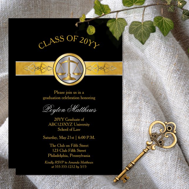 Élégant Moderne Gold Law Invitations (Elegant Modern Gold Tone and Black Law School Lawyer | Attorney Graduation Announcement | Invitation)