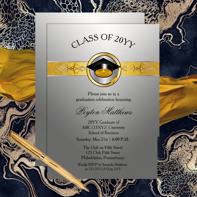 Élégant Moderne Invitations de diplôme de l'Univer (Elegant Modern Gold and Silver Tone University Graduation Invitations -- Print | Digital Download)
