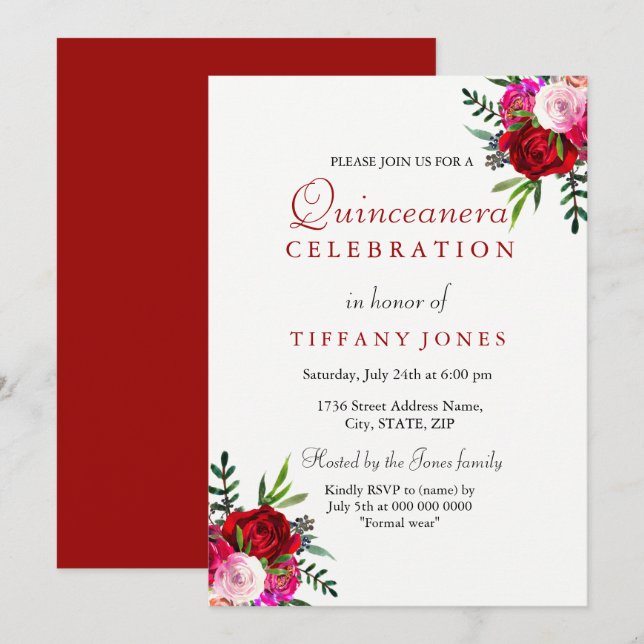 Elégant moderne Rose Rouge Quinceanera Invitation (Devant / Derrière)