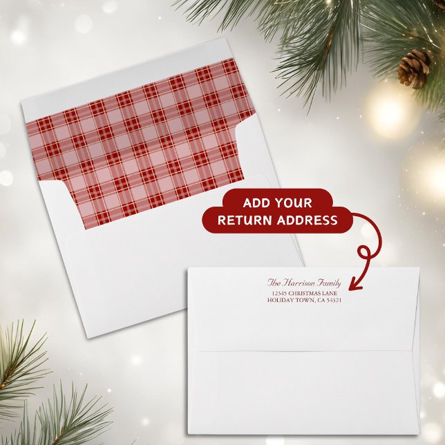Élégant moderne Rouge Plaid Enveloppe d'adresse de (Elegant Modern Red Plaid Return Address Envelope)