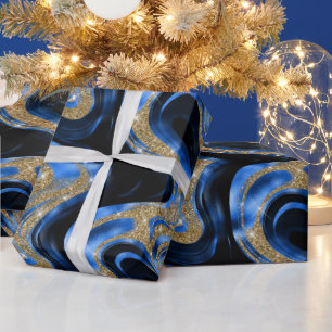 Elegant Molten Blue and Gold Glitter Birthday Wrapping Paper