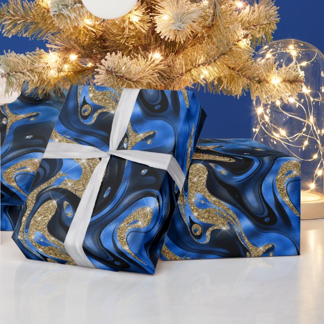 Elegant Molten Blue  and Gold Glitter Birthday Wrapping Paper (Holidays)