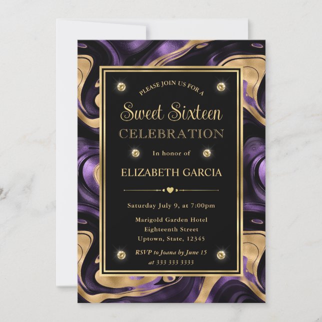 Elegant Molten Purple and Gold Foil Sweet 16 Invitation (Front)