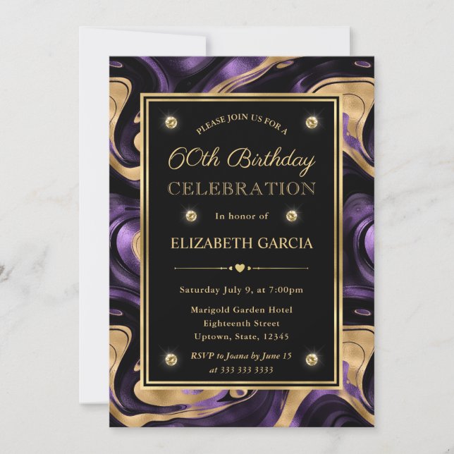 Elegant Molten Purple & Gold Foil 60th Birthday Invitation (Front)