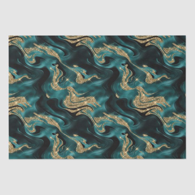 Elegant Molten Teal and Gold Glitter Birthday Tissue Paper (Front)