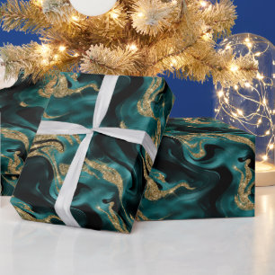 Elegant Molten Teal and Gold Glitter Birthday Wrapping Paper