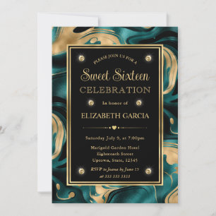 Elegant Molten Teal and Gold Glitter Sweet 16 Invitation