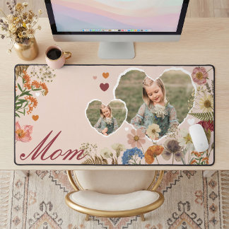 Elegant Mom Floral Wildflower Heart Photo Collage  Desk Mat