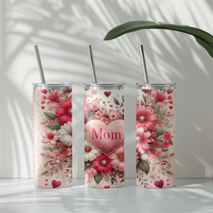 Elegant Mom in Heart Surrounded by Pink Flowers Thermal Tumbler
