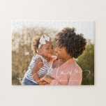 Elegant Mom Script Overlay Mother's Day Photo Jigsaw Puzzle<br><div class="desc">Celebrate mother's day with our beautiful personalized single family photo mother's day jigsaw puzzle. The design features a large full photo layout to display your own special photo. "Mom" is displayed over the photo in an elegant white script with looping heart design. Personalize with your names. Make a special family...</div>