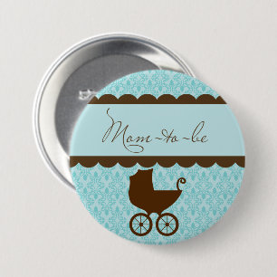 Elegant Mom-to-Be Baby Carriage and Blue Damask 3 Inch Round Button