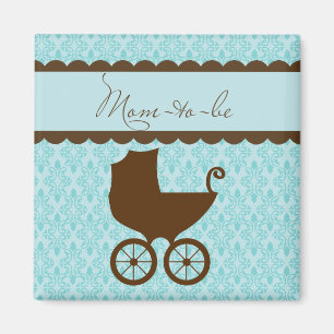 Elegant Mom to Be Carriage and Blue Damask Magnet