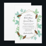 Elegant Monarch Butterfly Wedding Invitations<br><div class="desc">This design features an elegant monarch butterfly and leaf design. The gold geometric frame is surrounded by vintage watercolor leaves. The orange and black butterflies are attracted to the greenery. Damask leaf pattern using green watercolor tones. The reverse displays a pair of butterflies resting on the watercolor leaf. The combination...</div>
